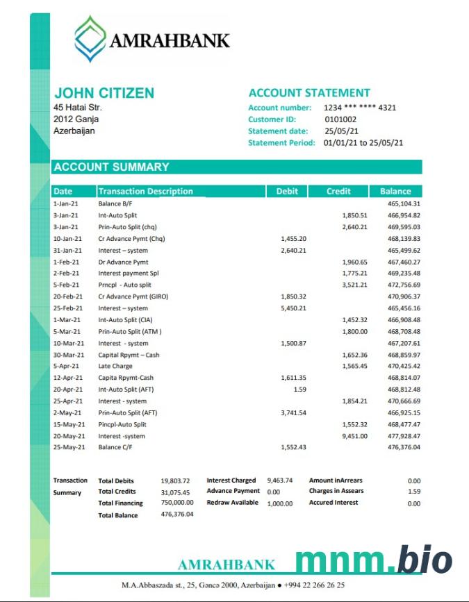 Szablon wyciągu bankowego Azerbejdżanu Afbbank w programie Word i PDF